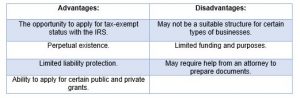 Non-Profit Corporation Advantages/Disadvantages Chart